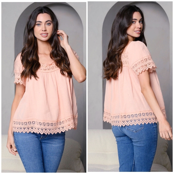 Peach Love California Tops - PEACH LOVE CALIFORNIA Peachy Blush Oversized Embroidered Top